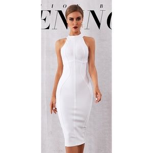 NWT White Halter Bandage Bodycon Midi Cocktail Dress
